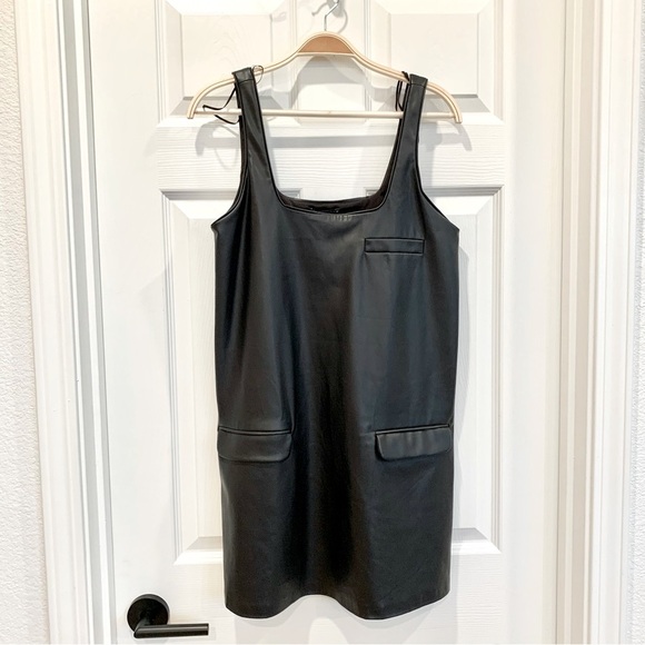 ZARA Black Leather Pinafore Square-Neck Overall Mini Dress - Picture 2 of 6